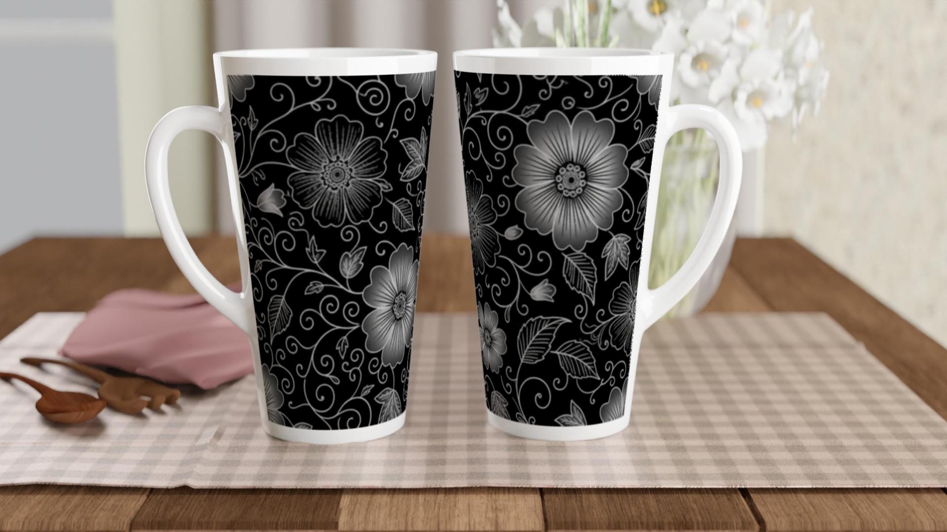 Set of 3 Cups, Floral, 17oz Latte Ceramic Mugs Set - Extra Tall Cup Set