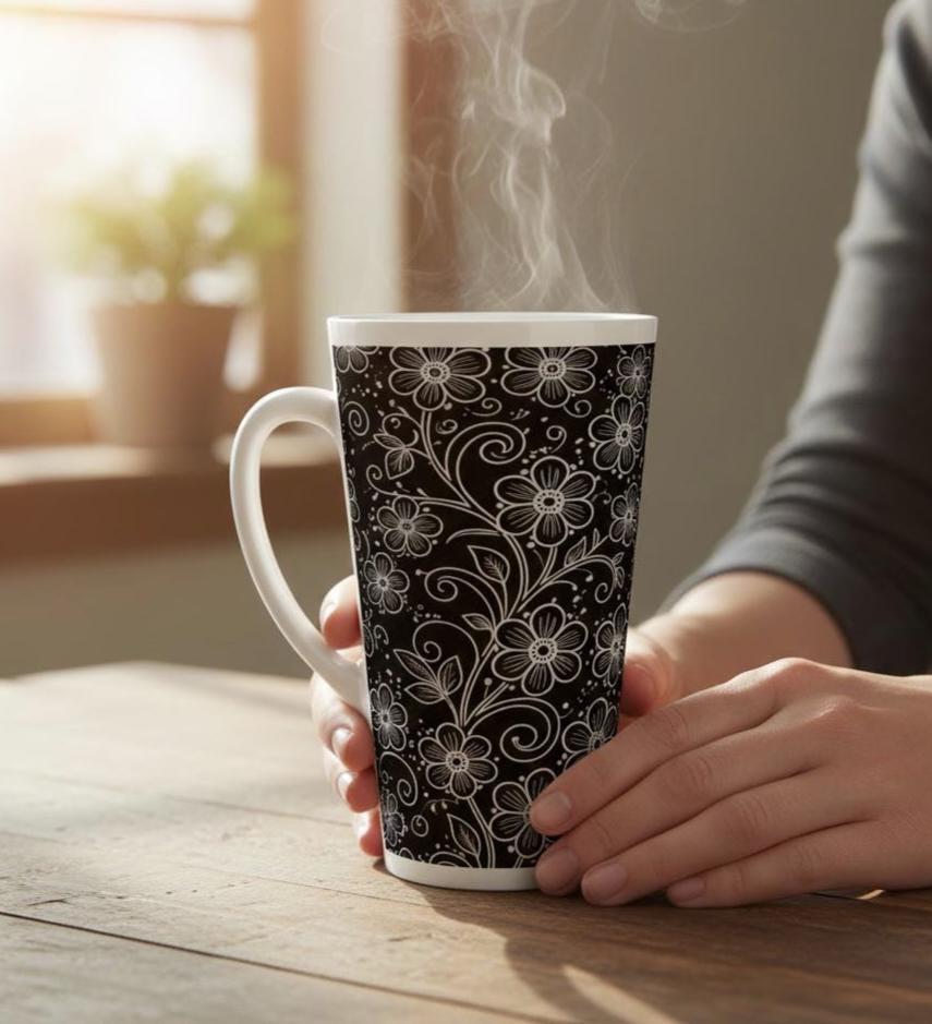 Set of 3 Cups, Floral, 17oz Latte Ceramic Mugs Set - Extra Tall Cup Set