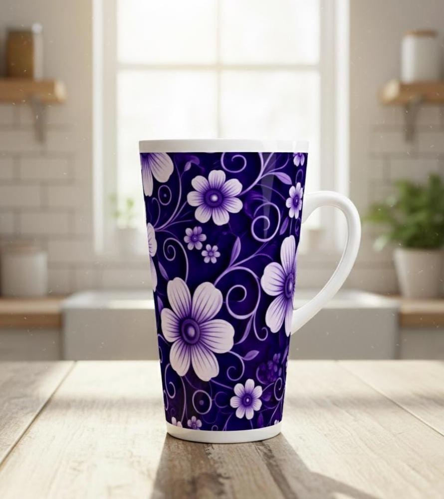 Set of 5 Cups, Floral, 17oz Latte Ceramic Mugs Set - Extra Tall Cup Set