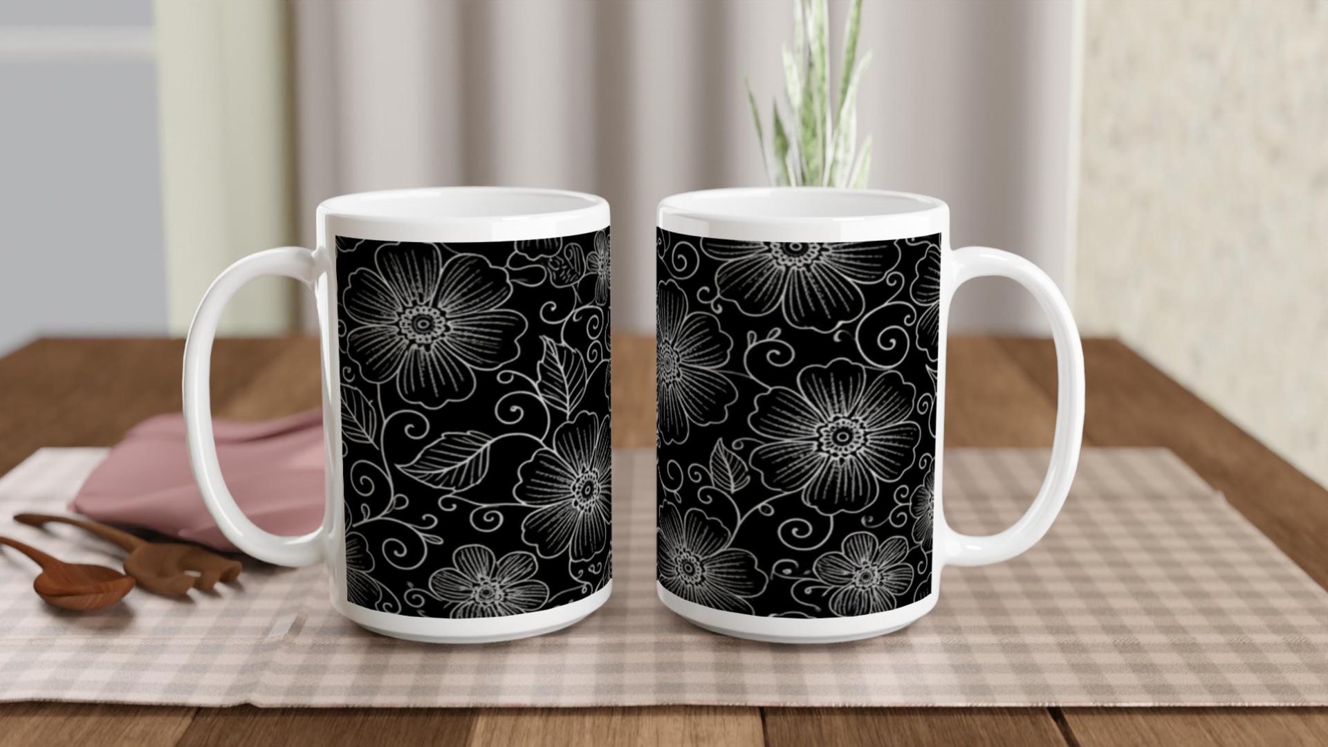 Set of Big Mugs, Dark Floral Cup Set, 15 oz