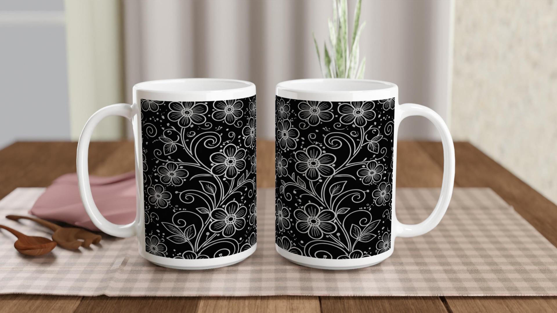 Set of Big Mugs, Dark Floral Cup Set, 15 oz