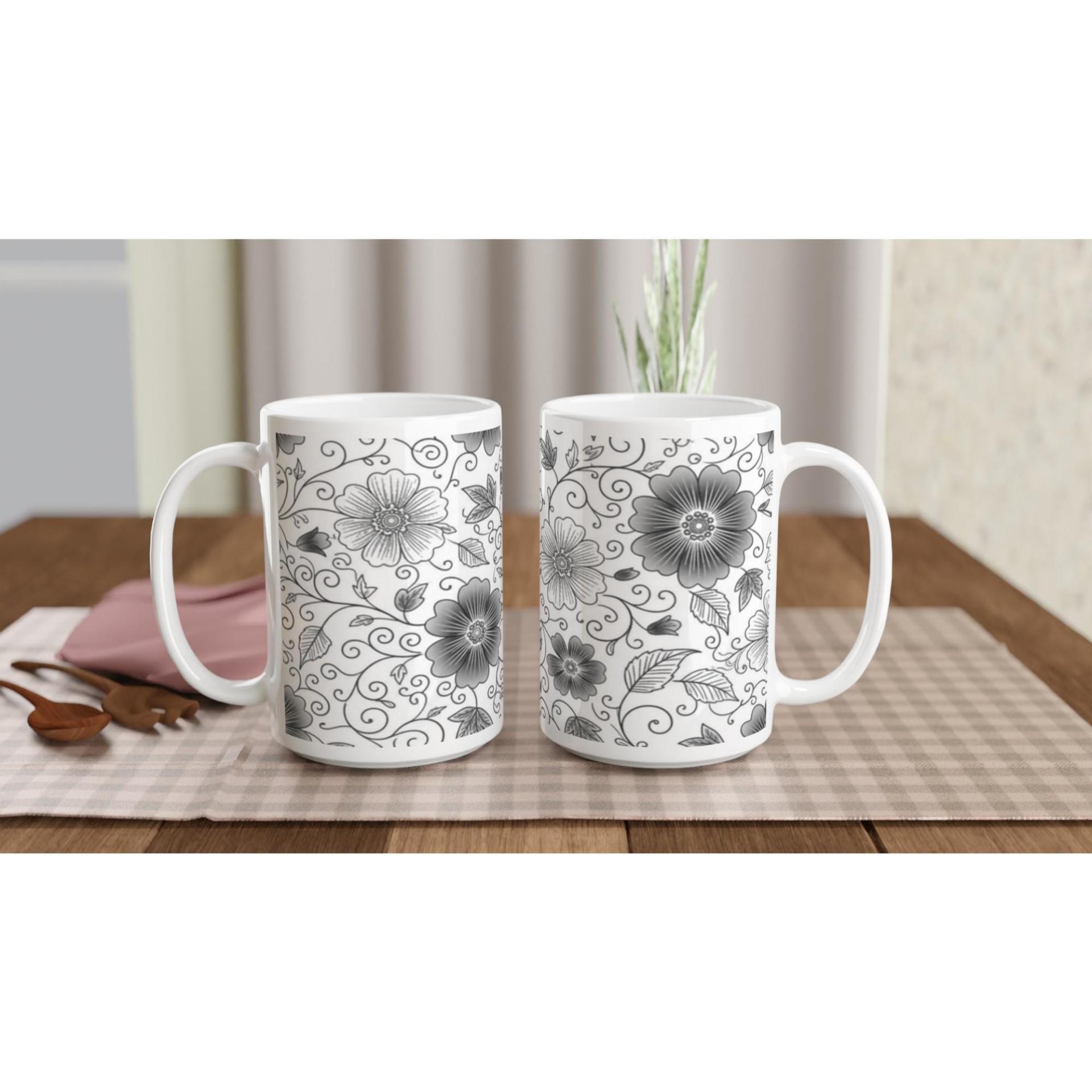 Set of Floral Cups - Light and Dark - Large 15oz Ceramic Mugs