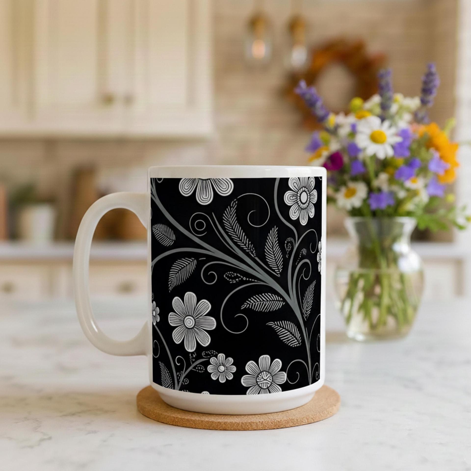 Set of Big Mugs, Dark Floral Cup Set, 15 oz