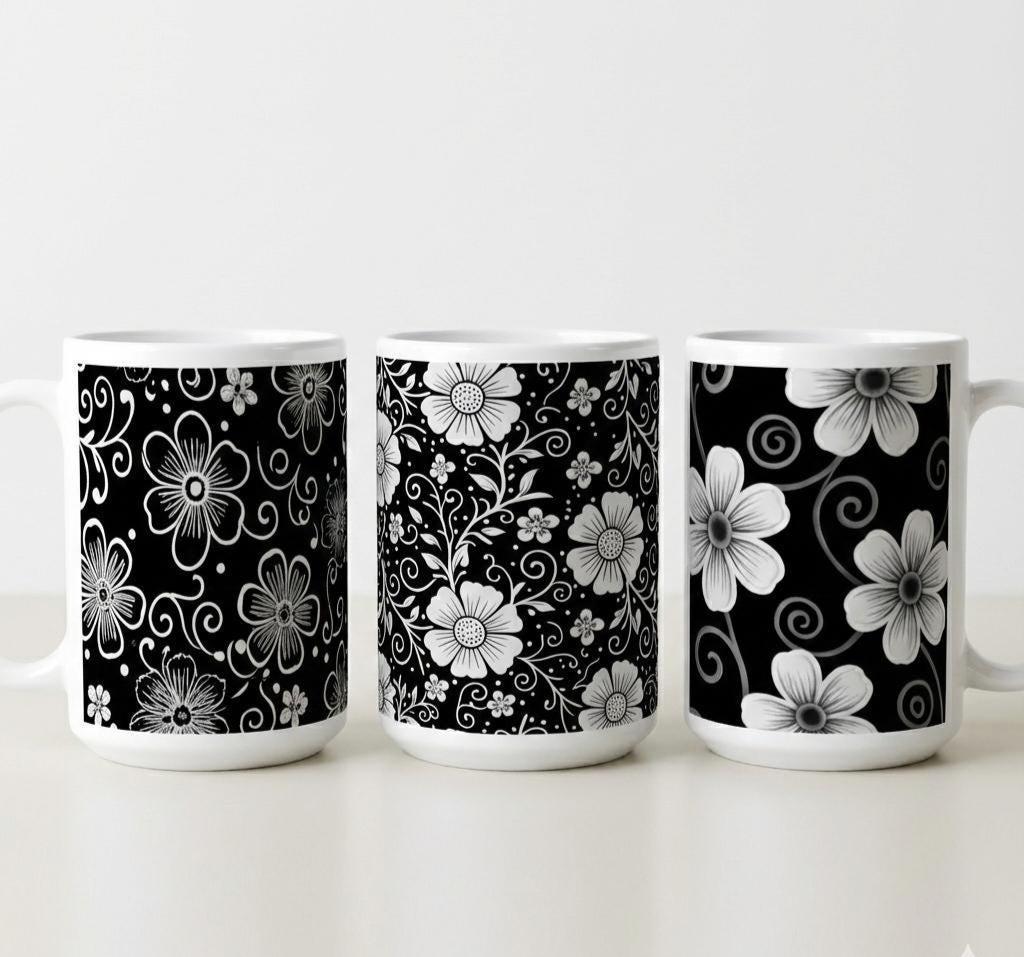Set of Big Mugs, Dark Floral Cup Set, 15 oz