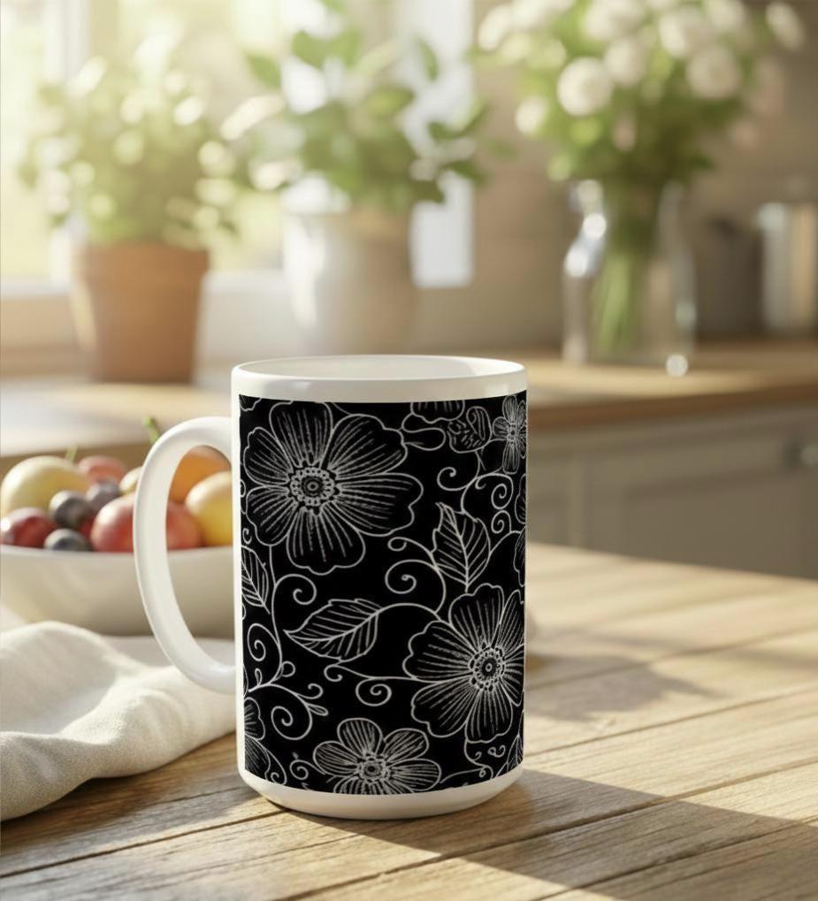 Set of Floral Cups - Light and Dark - Large 15oz Ceramic Mugs