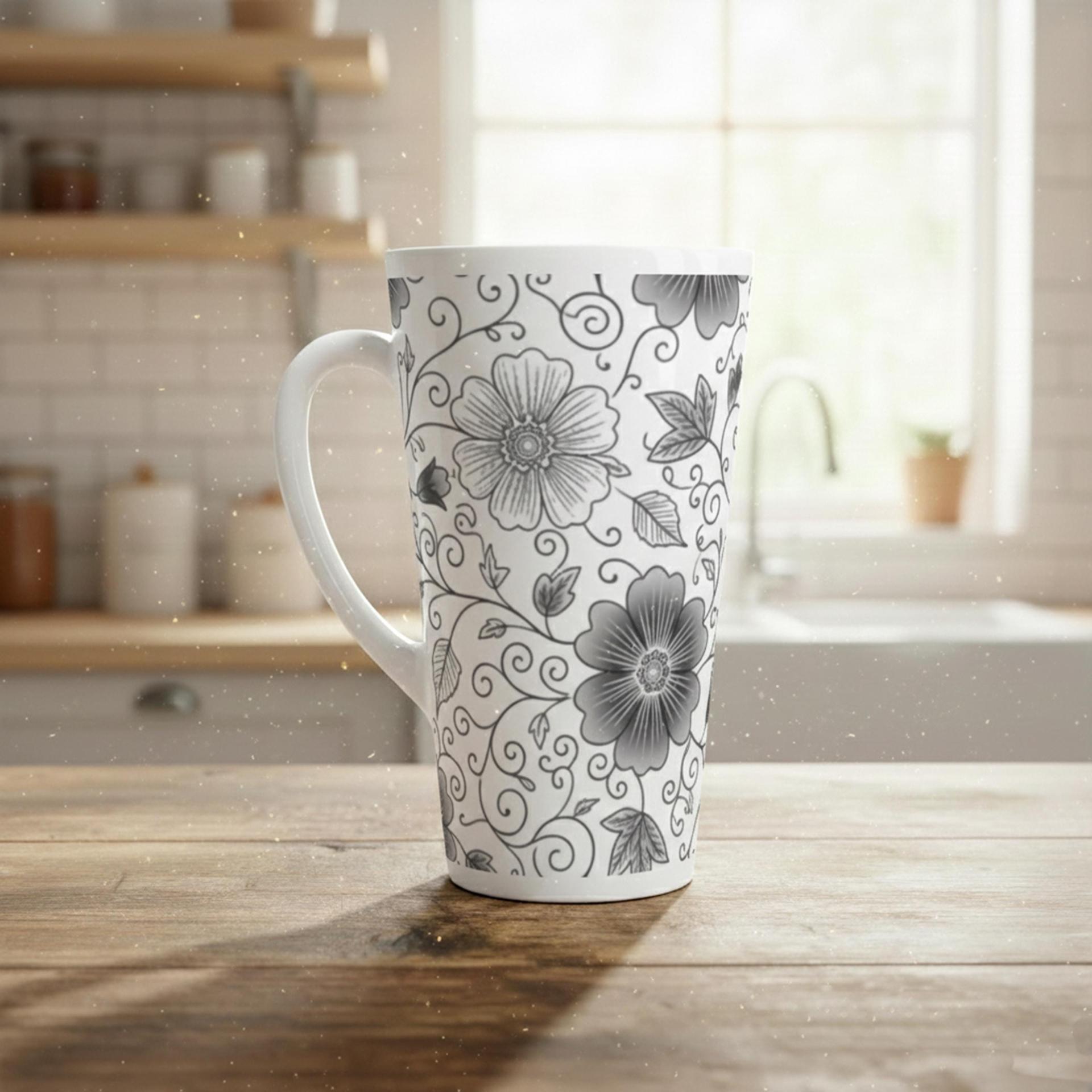 Set of 3 Cups, Floral, 17oz Latte Ceramic Mugs Set - Extra Tall Cup Set