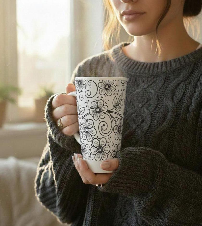 Set of 3 Cups, Floral, 17oz Latte Ceramic Mugs Set - Extra Tall Cup Set