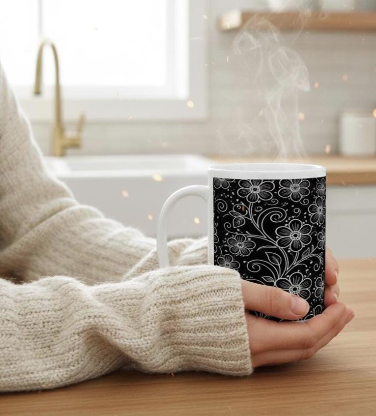 Floral Cups -  Large and Small Ceramic Mugs - 15oz and 11oz Mug Set