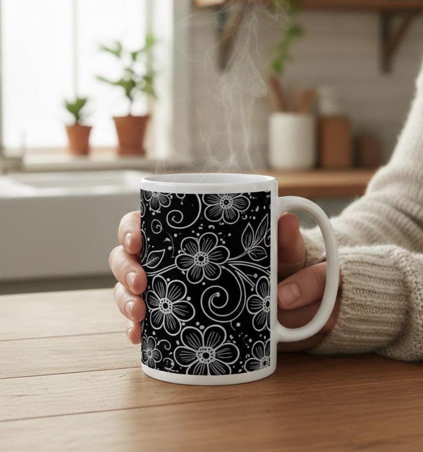 Floral Cups -  Large and Small Ceramic Mugs - 15oz and 11oz Mug Set