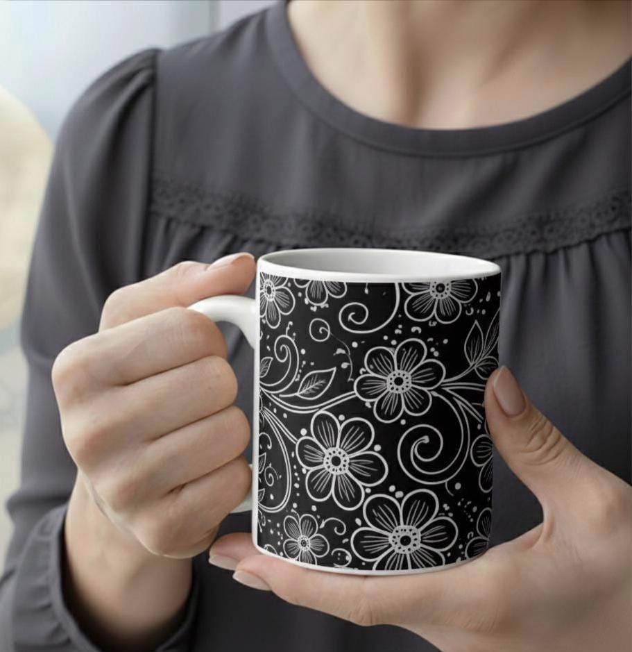 Floral Cups -  Large and Small Ceramic Mugs - 15oz and 11oz Mug Set