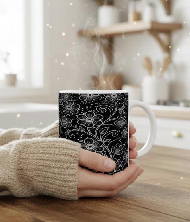 Floral Cups -  Large and Small Ceramic Mugs - 15oz and 11oz Mug Set