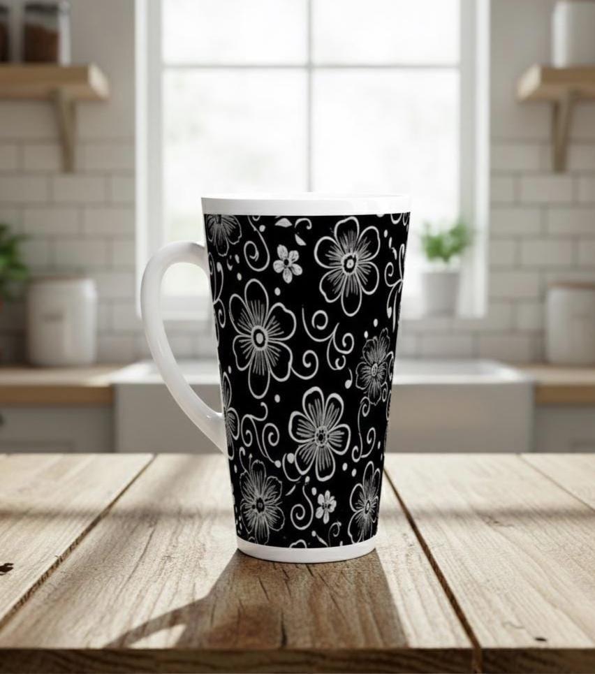 Set of 3 Cups, Floral, 17oz Latte Ceramic Mugs Set - Extra Tall Cup Set