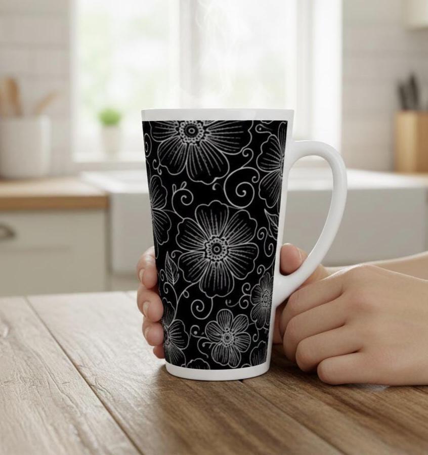 Set of 3 Cups, Floral, 17oz Latte Ceramic Mugs Set - Extra Tall Cup Set