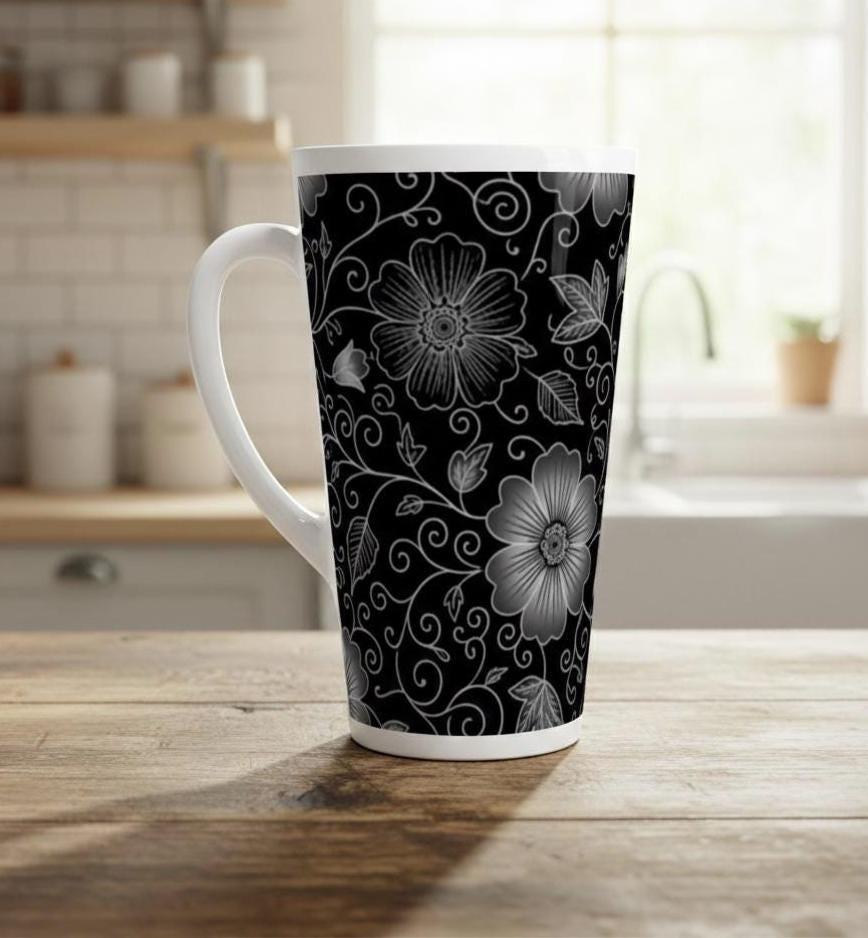 Set of 3 Cups, Floral, 17oz Latte Ceramic Mugs Set - Extra Tall Cup Set