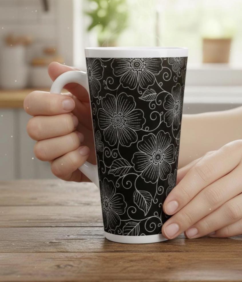 Set of 3 Cups, Floral, 17oz Latte Ceramic Mugs Set - Extra Tall Cup Set