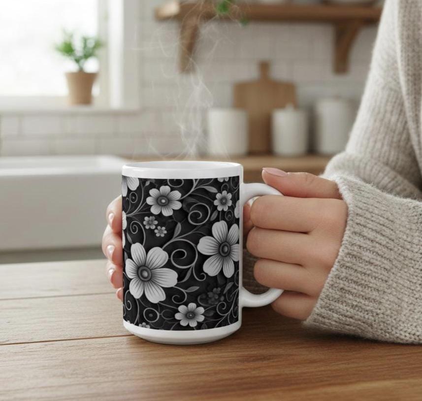 Set of Big Mugs, Dark Floral Cup Set, 15 oz