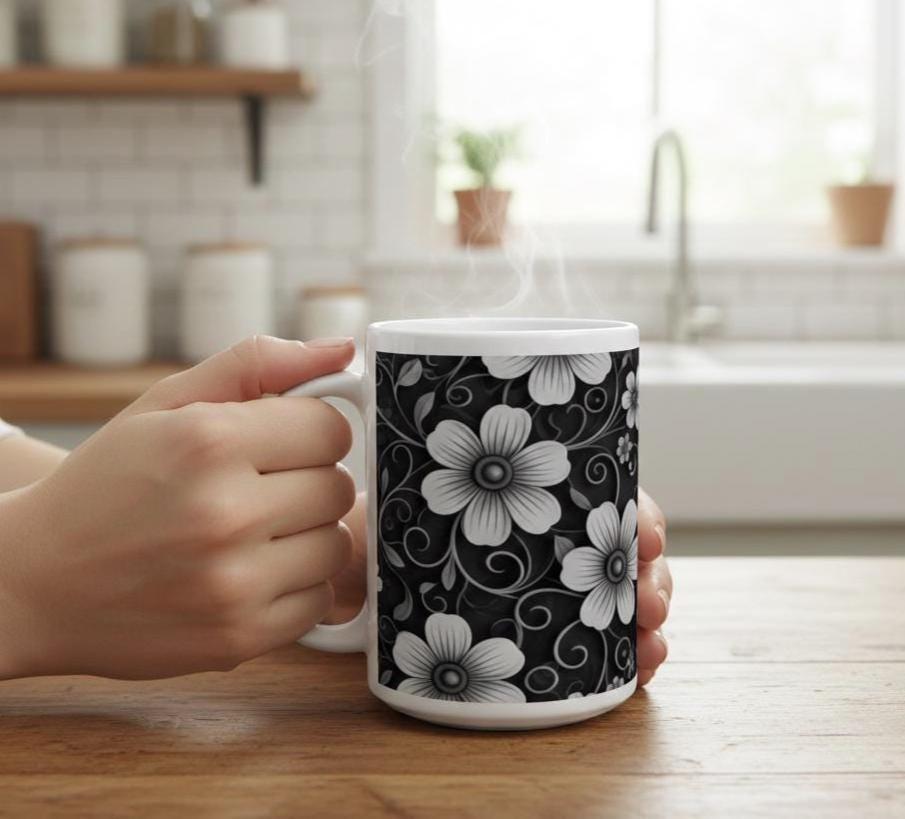 Set of Big Mugs, Dark Floral Cup Set, 15 oz
