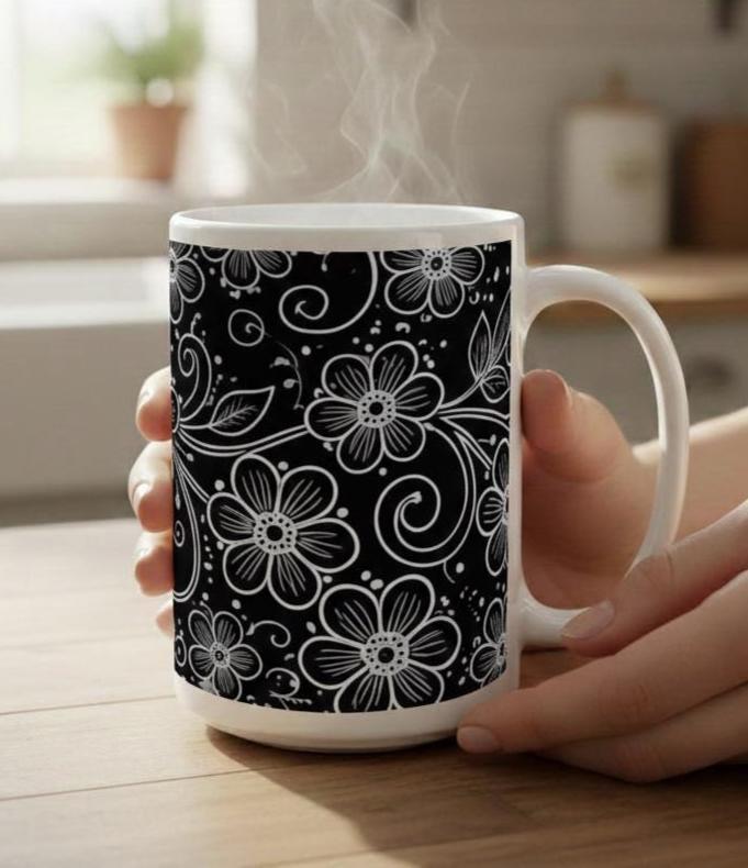Set of Floral Cups - Light and Dark - Large 15oz Ceramic Mugs