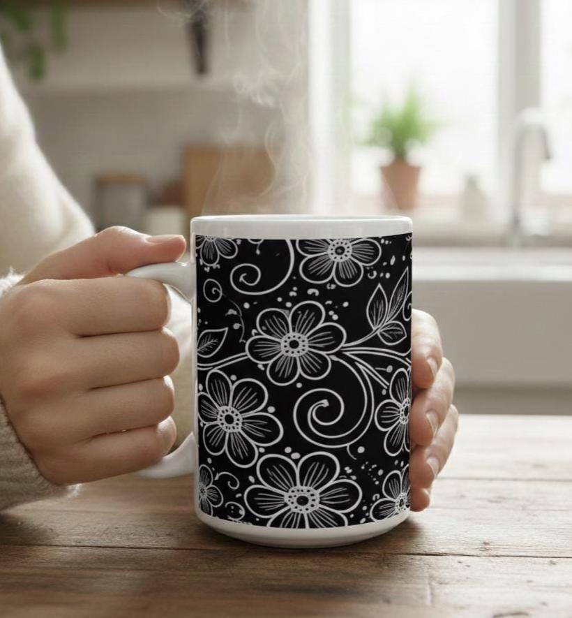 Set of Floral Cups - Light and Dark - Large 15oz Ceramic Mugs