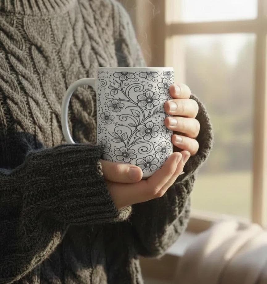 Set of Floral Cups - Light and Dark - Large 15oz Ceramic Mugs