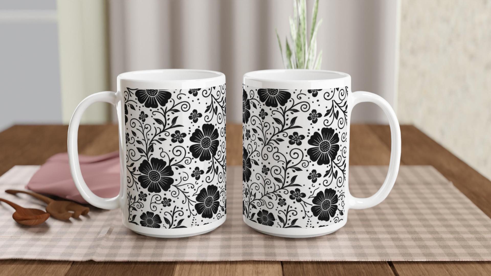Set of Floral Cups - Light and Dark - Large 15oz Ceramic Mugs
