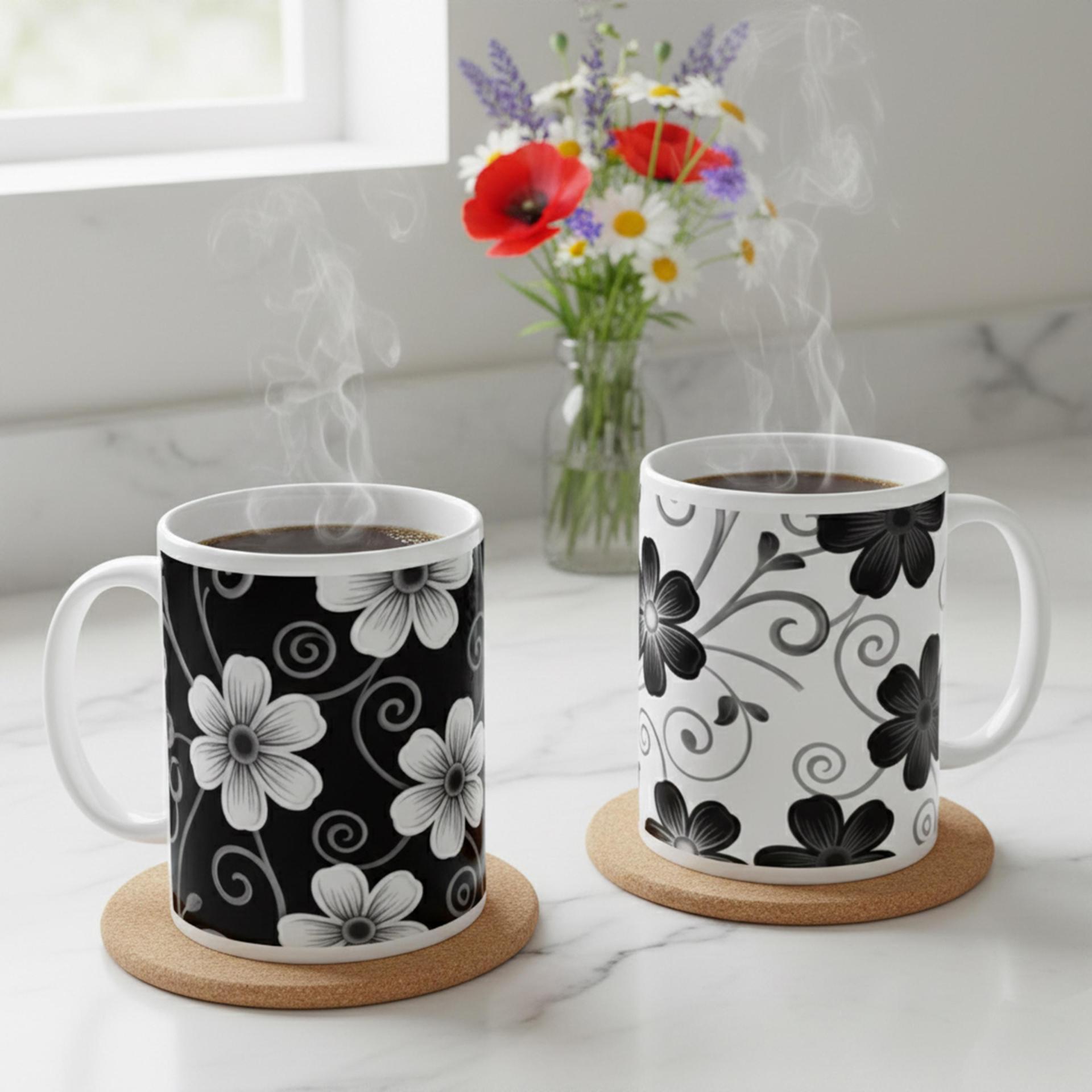 Set of Floral Cups - Light and Dark - Large 15oz Ceramic Mugs