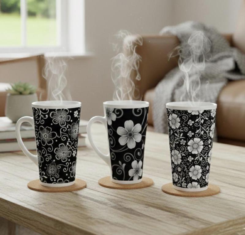 Set of 3 Cups, Floral, 17oz Latte Ceramic Mugs Set - Extra Tall Cup Set