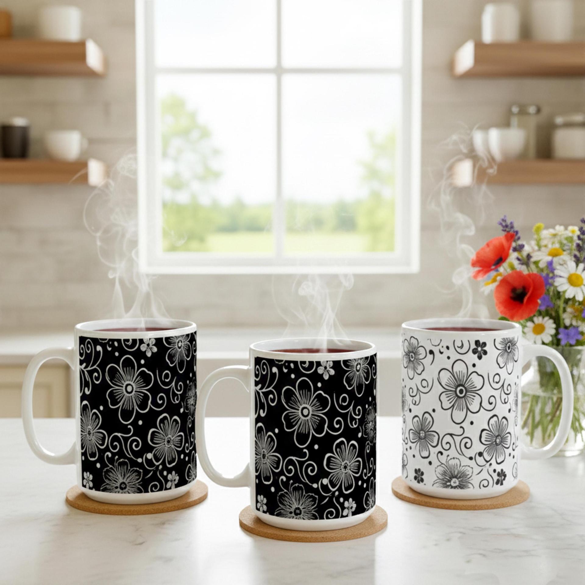 Set of Floral Cups - Light and Dark - Large 15oz Ceramic Mugs
