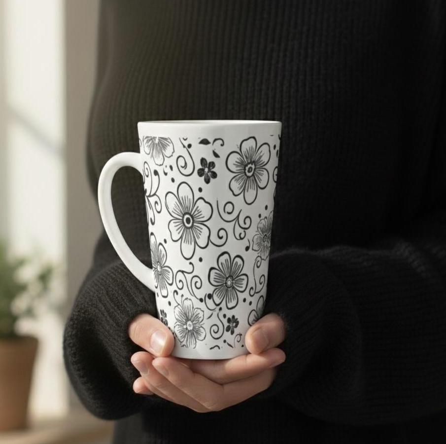 Set of 3 Cups, Floral, 17oz Latte Ceramic Mugs Set - Extra Tall Cup Set