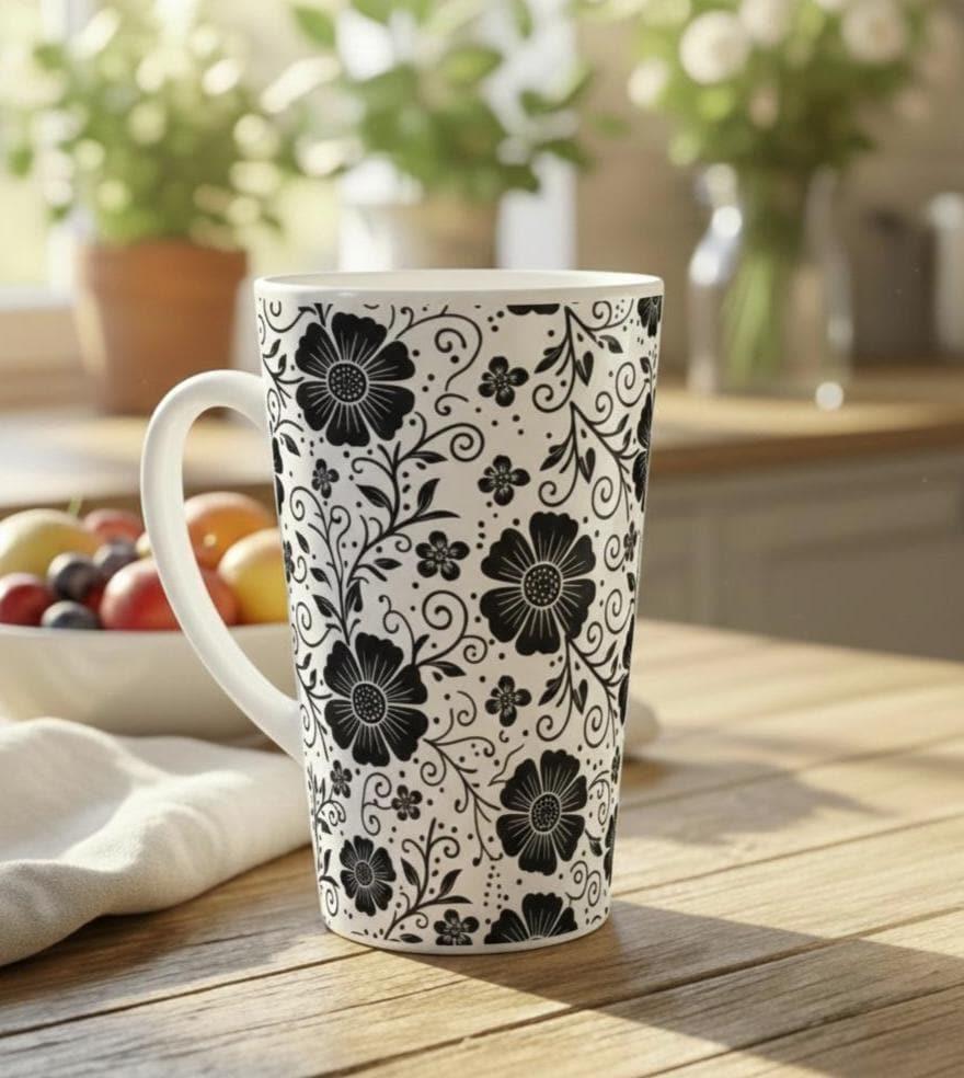 Set of 3 Cups, Floral, 17oz Latte Ceramic Mugs Set - Extra Tall Cup Set