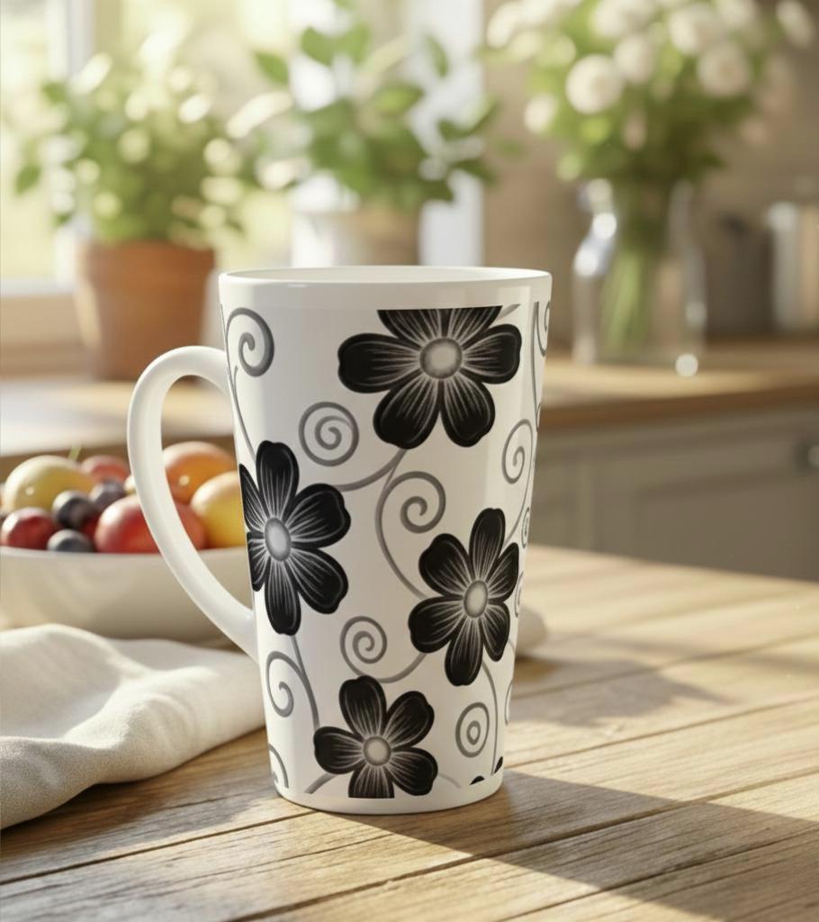 Set of 3 Cups, Floral, 17oz Latte Ceramic Mugs Set - Extra Tall Cup Set