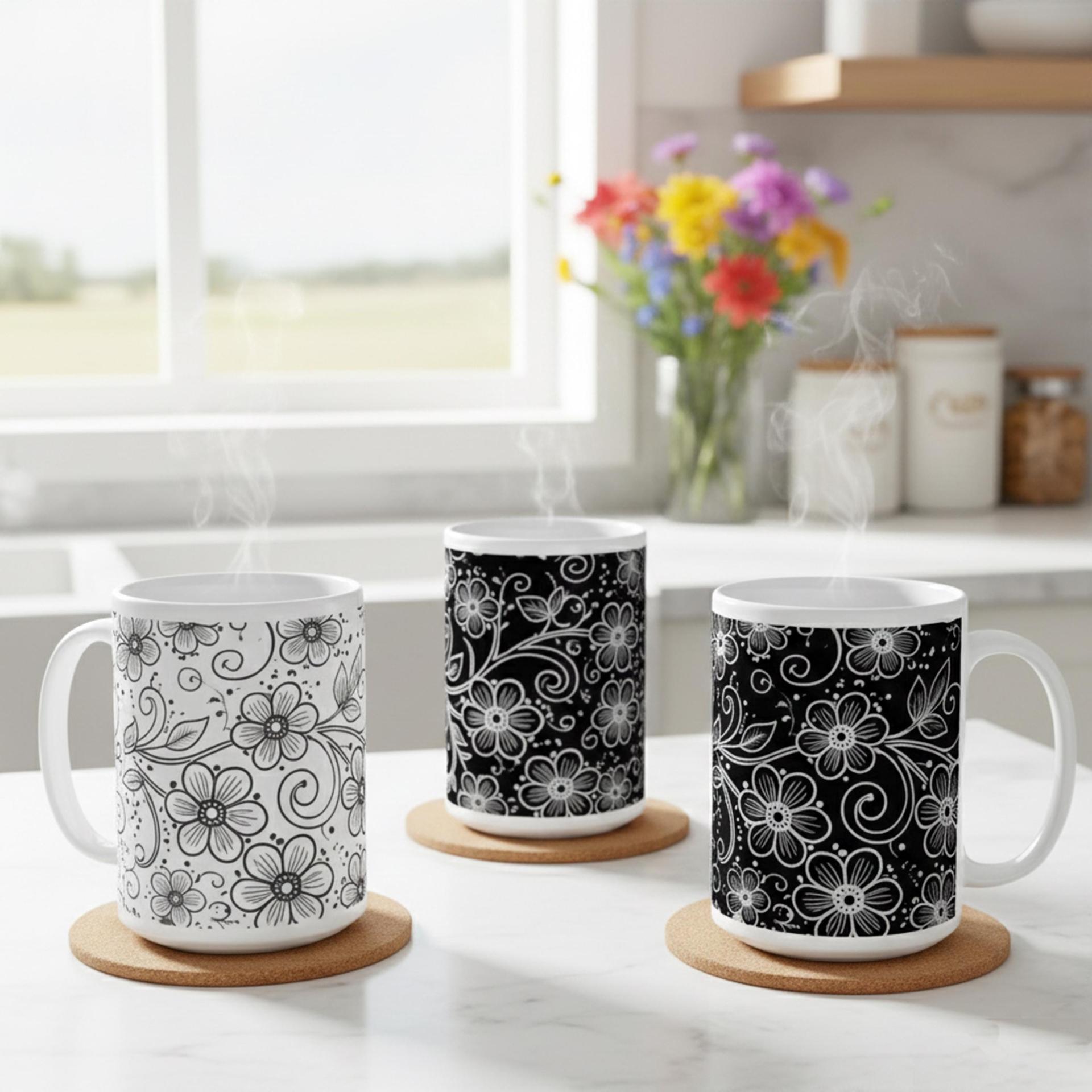 Set of Floral Cups - Light and Dark - Large 15oz Ceramic Mugs