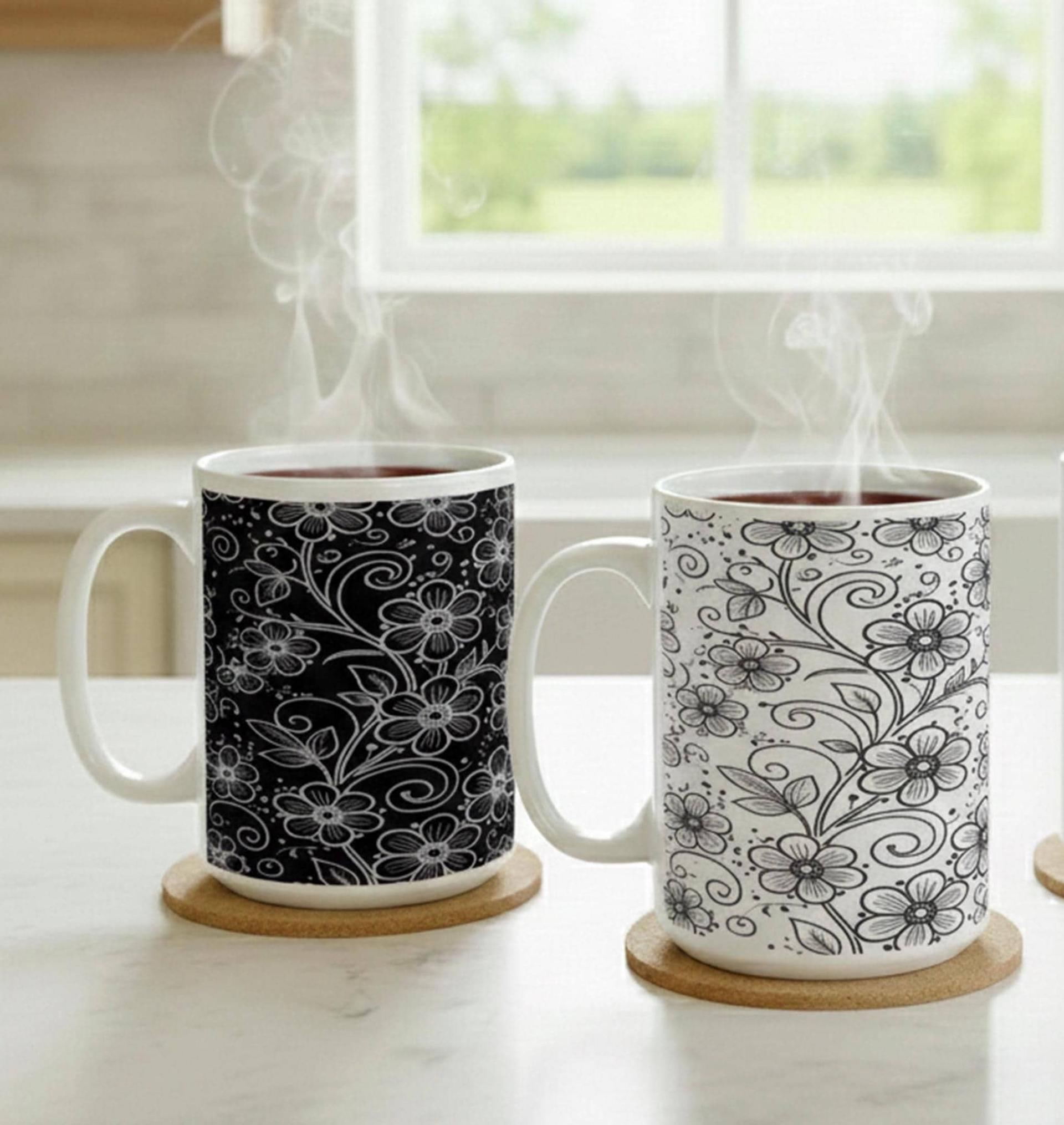 Set of Floral Cups - Light and Dark - Large 15oz Ceramic Mugs