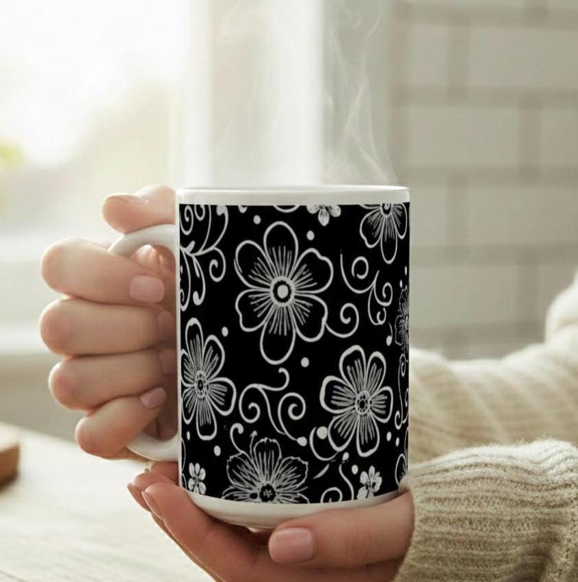 Set of Big Mugs, Dark Floral Cup Set, 15 oz
