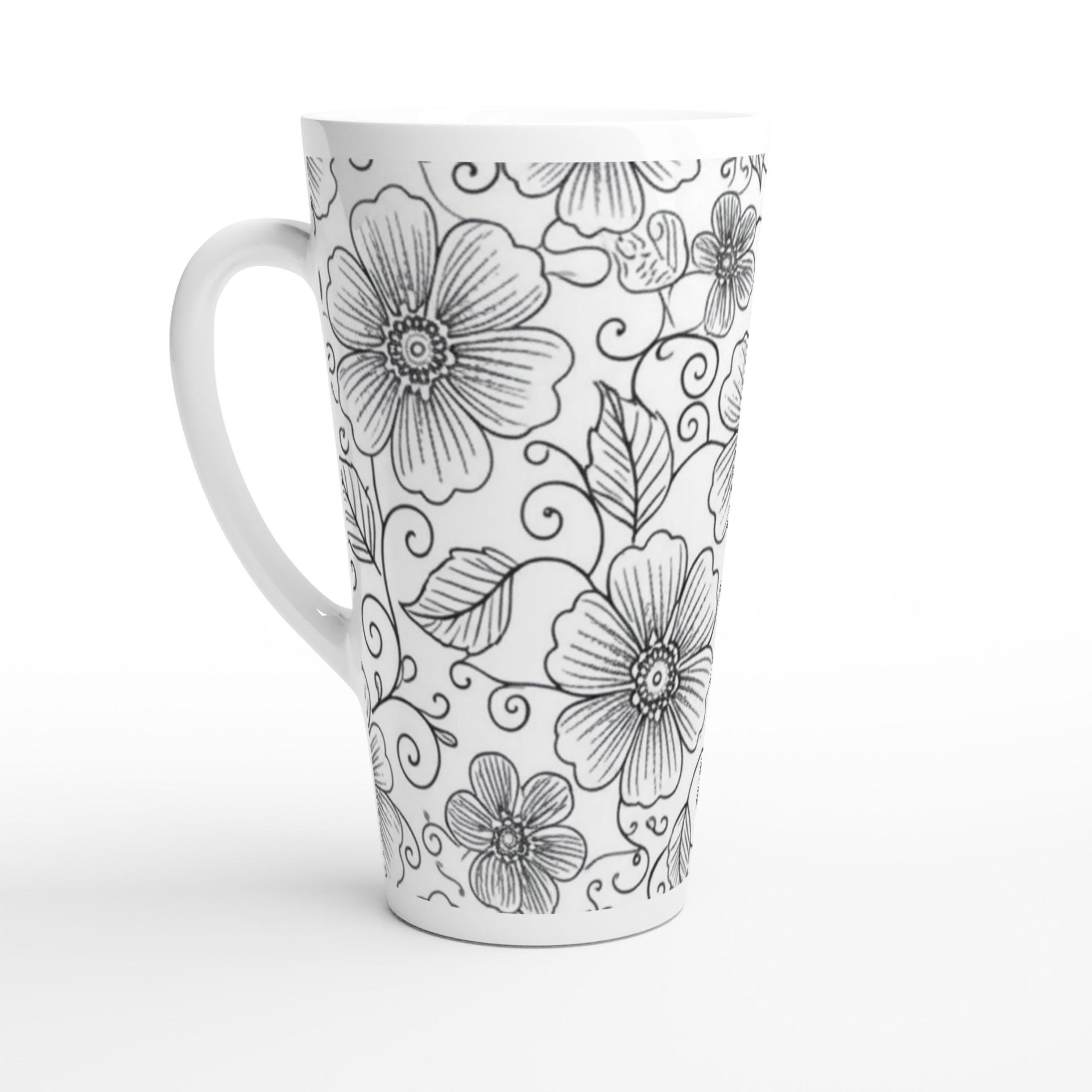 Set of 3 Cups, Floral, 17oz Latte Ceramic Mugs Set - Extra Tall Cup Set
