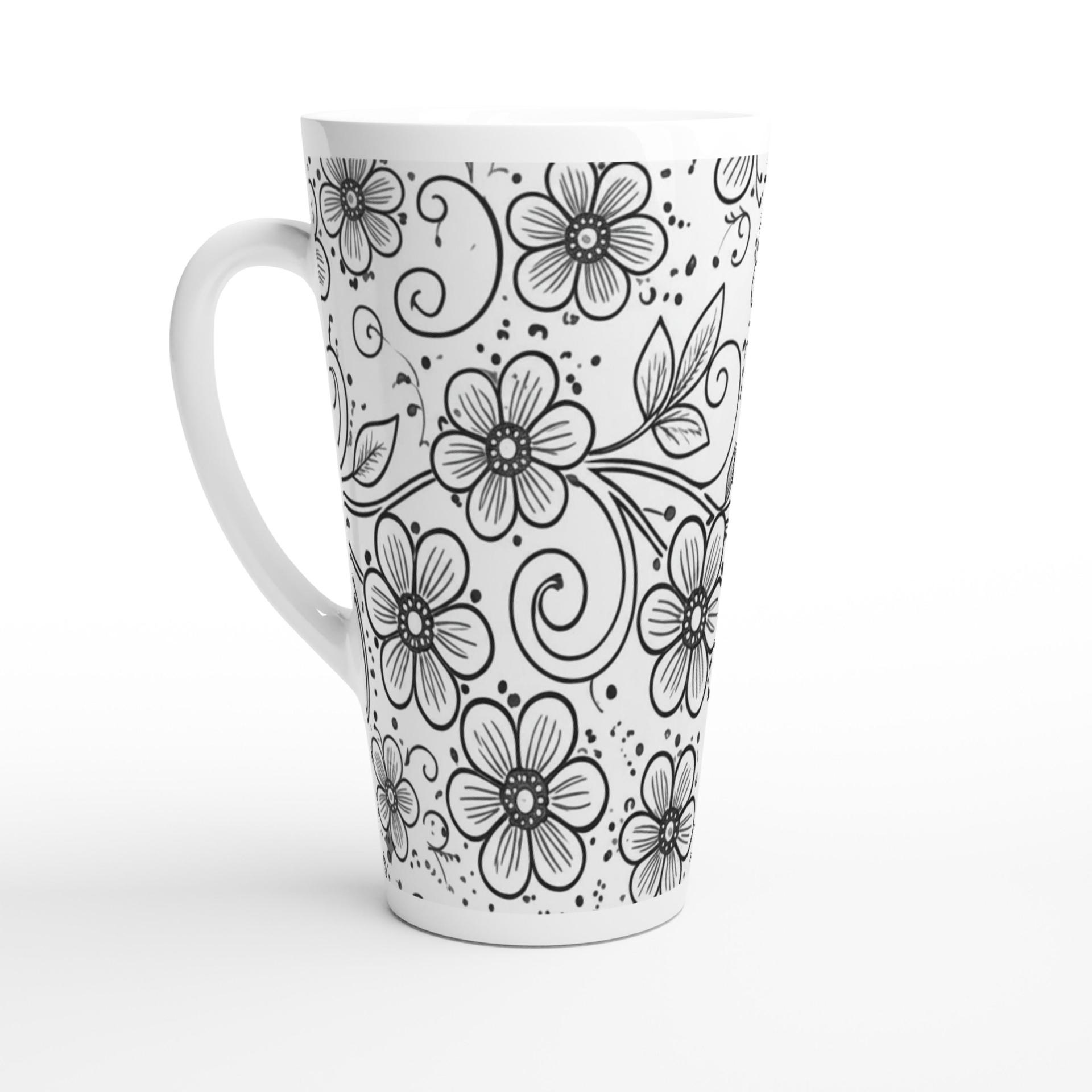 Set of 3 Cups, Floral, 17oz Latte Ceramic Mugs Set - Extra Tall Cup Set