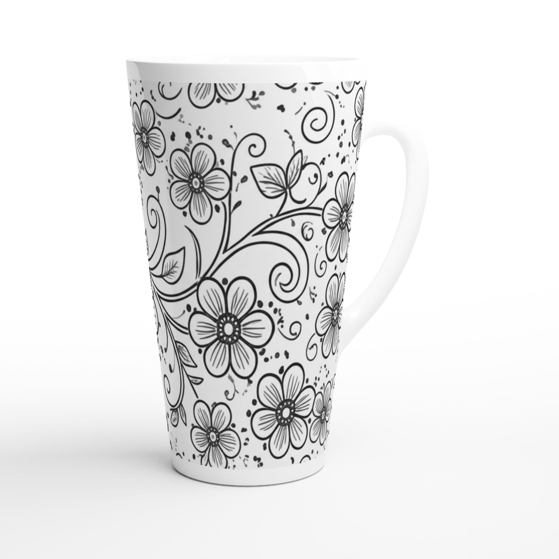 Set of 3 Cups, Floral, 17oz Latte Ceramic Mugs Set - Extra Tall Cup Set