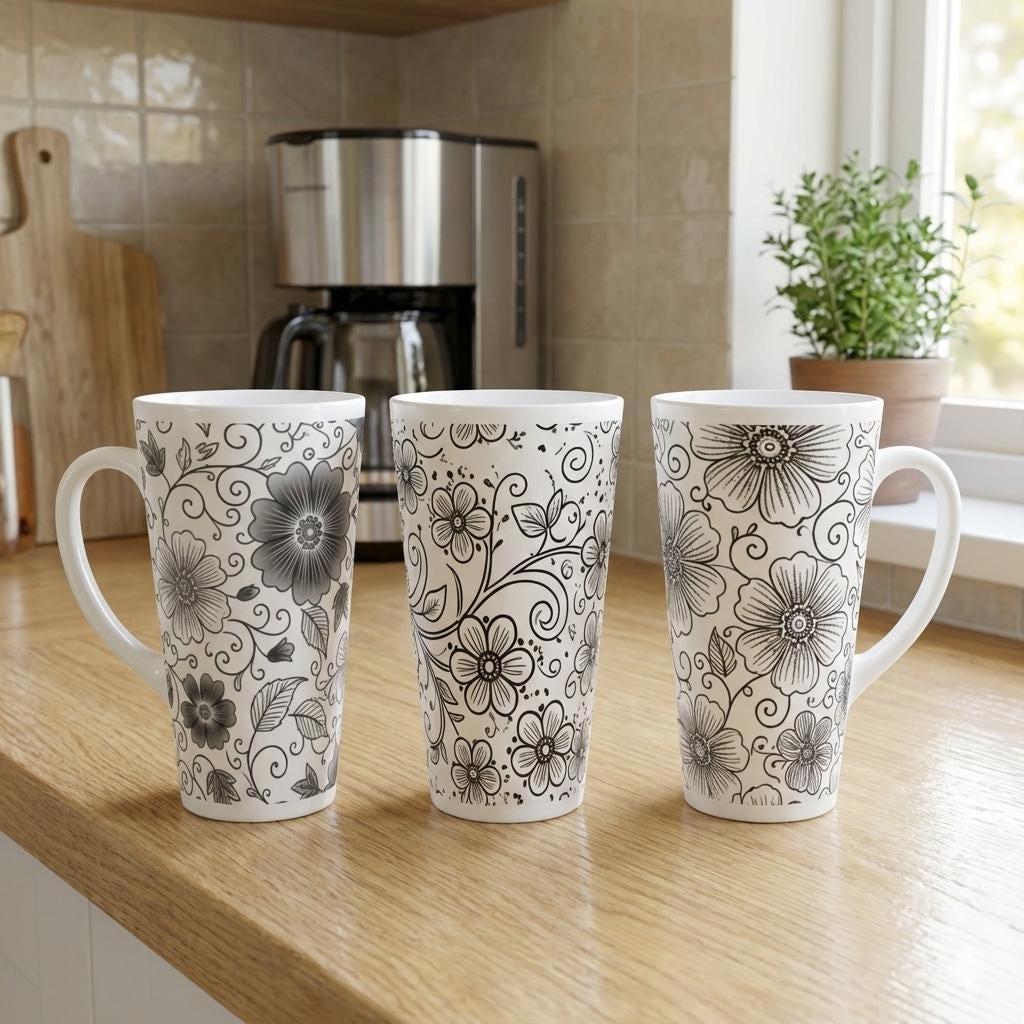 Set of 3 Cups, Floral, 17oz Latte Ceramic Mugs Set - Extra Tall Cup Set