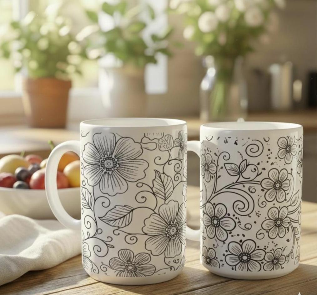 Set of Big Mugs, Floral Cup Set, Large 15 oz Matching Cups