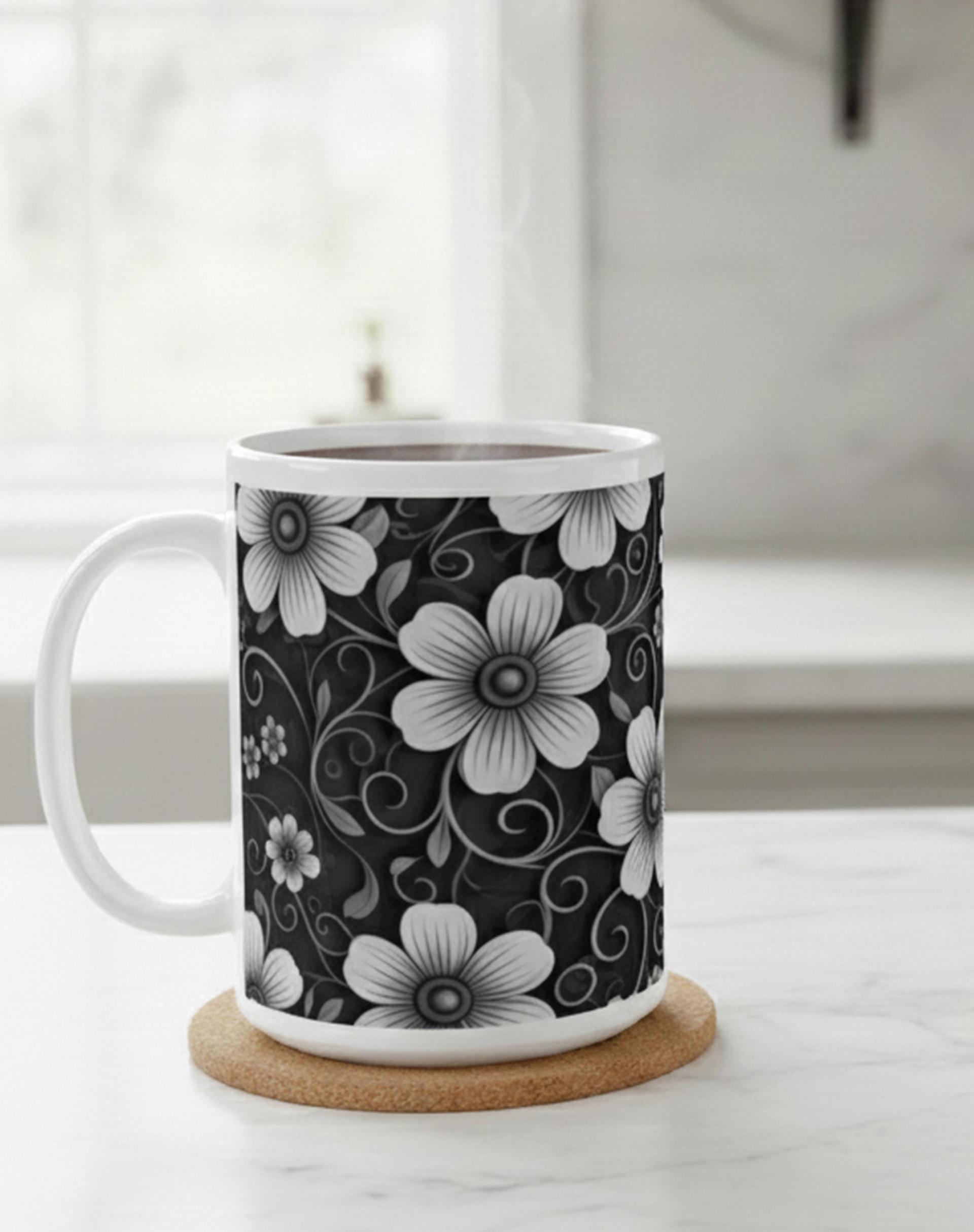 Set of Big Mugs, Dark Floral Cup Set, 15 oz