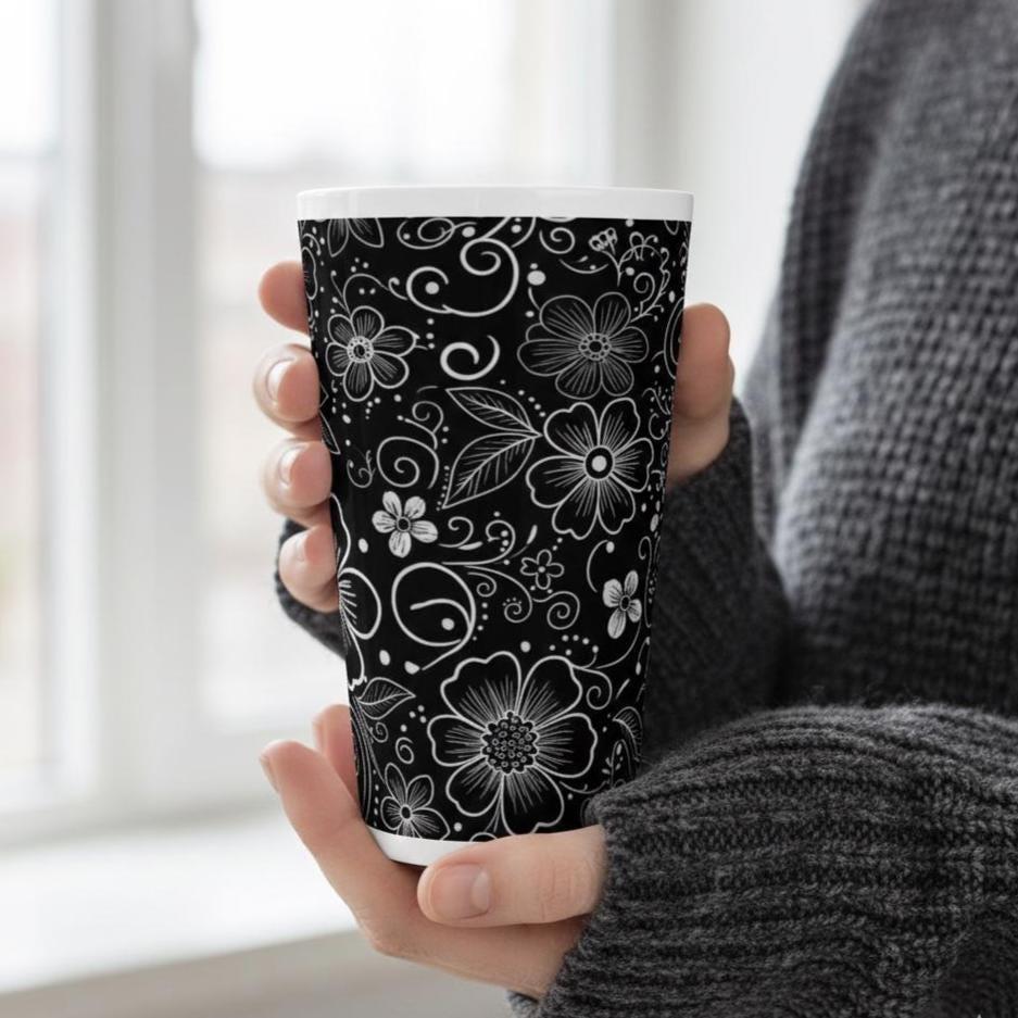 Set of 3 Cups, Floral, 17oz Latte Ceramic Mugs Set - Extra Tall Cup Set
