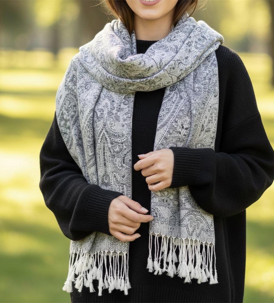 Reversible Soft Pashmina Shawl & Scarf for Women, Jacquard Brocade, Shawl, Sarong or Head Wraps