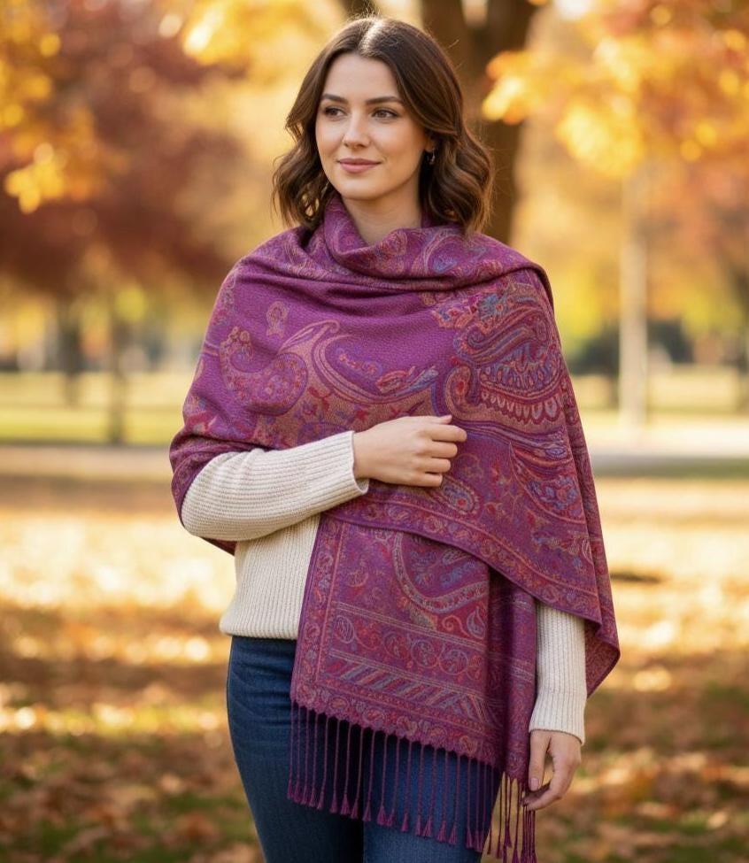 Reversible Soft Pashmina Shawl & Scarf for Women, Jacquard Brocade, Shawl, Sarong or Head Wraps