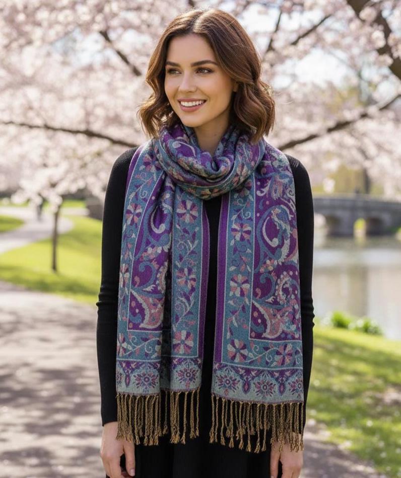 Reversible Soft Pashmina Shawl & Scarf for Women, Jacquard Brocade, Shawl, Sarong or Head Wraps