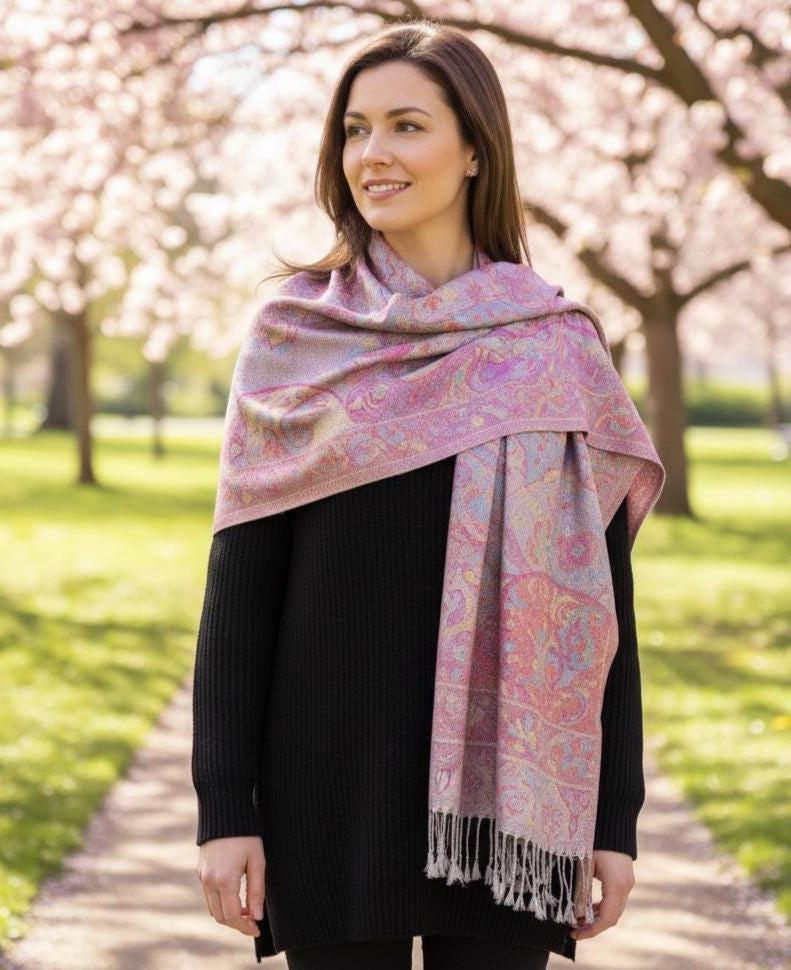 Reversible Soft Pashmina Shawl & Scarf for Women, Jacquard Brocade, Shawl, Sarong or Head Wraps