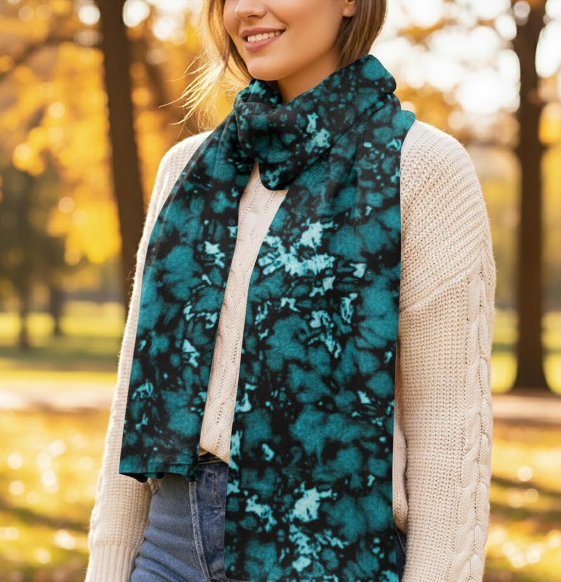 Velvet Scarf, Teal, Black and Green, Super Soft Long Scarf
