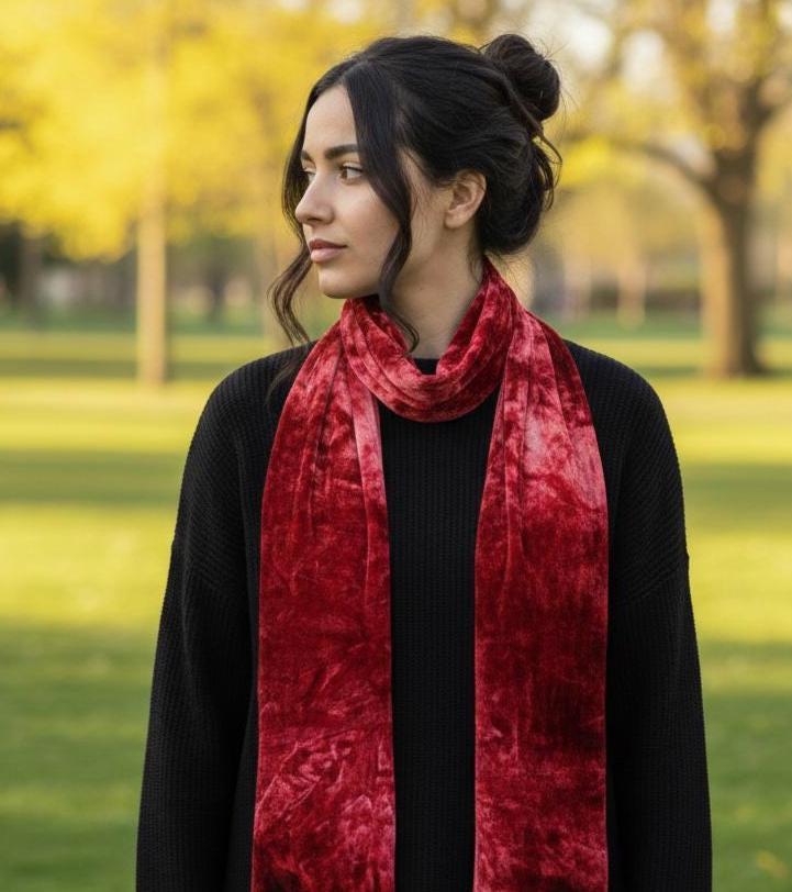 Tie Dye Velvet Scarf, Strawberry, Red and Pink Dyed Crushed Velvet