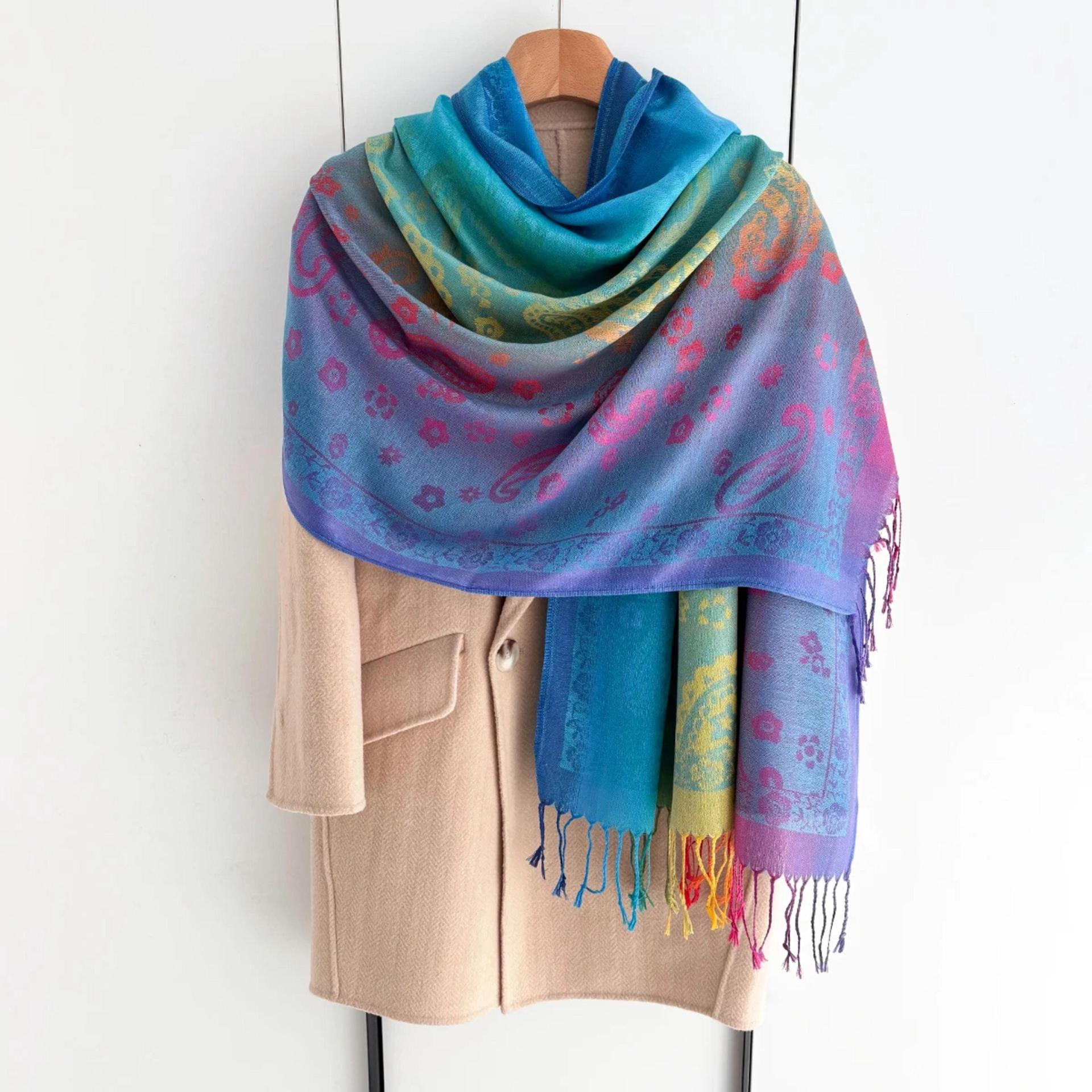 Rainbow Shawl, Soft Pashmina Shawl & Scarf for Women, Jacquard Brocade, Head Wraps