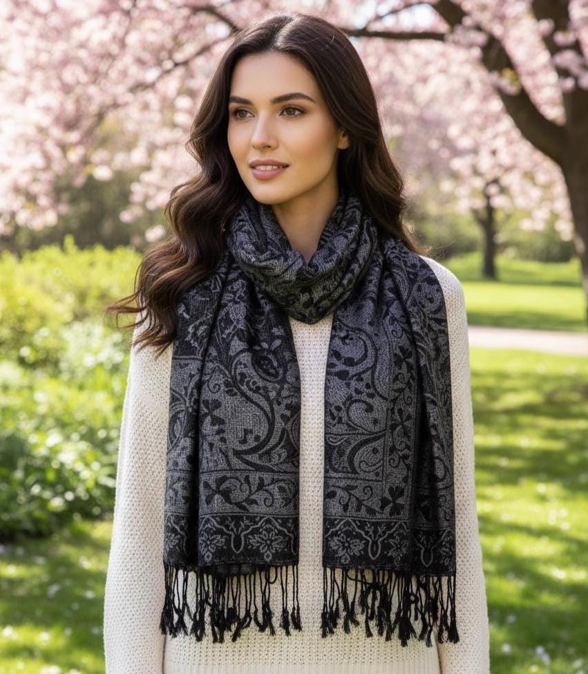 Reversible Soft Pashmina Shawl & Scarf for Women, Jacquard Brocade, Shawl, Sarong or Head Wraps
