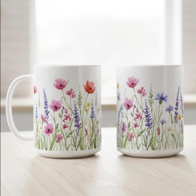 Set of Big Mugs, Floral Cup Set, 15 oz